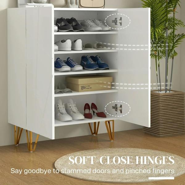 White shoe cabinet open with tiered shelves and arranged shoes