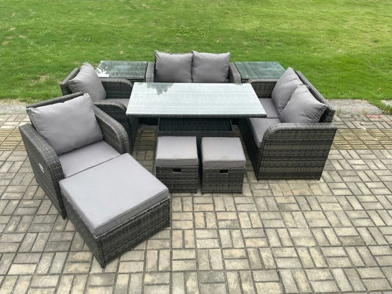 Fimous PE Rattan Garden Furniture Set Outdoor Height Adjustable Rising lifting Dining Table Chair Love Sofa With 2 Side Tables 3 Footstools
