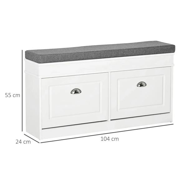 White shoe storage bench with gray padded seat and two front flip drawers with knobs