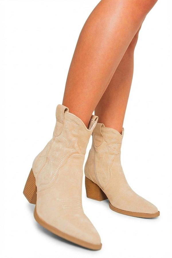 Laura Suede Cowboy Ankle Length Boots - Beige_wb
