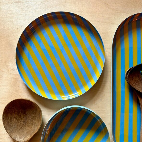 Love Frankie Medium Stripy Plates - 5 Colours Available - Medium Stripy Plate in Soft Blue and Mustard