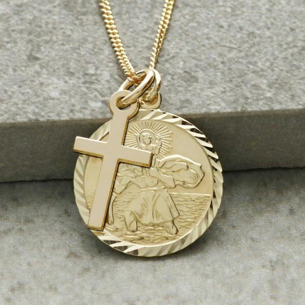 Christopher James of London 9ct Yellow Gold Diamond Cut 19mm St Christopher Pendant With Cross, Optional Engraving and Chain