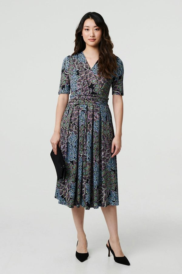 Navy | Leaf Print 1/2 Sleeve Faux Wrap Midi Dress
