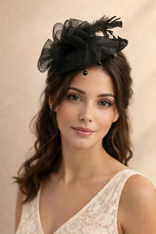 SVNX Feather & Bow Bloom Fascinator in Black