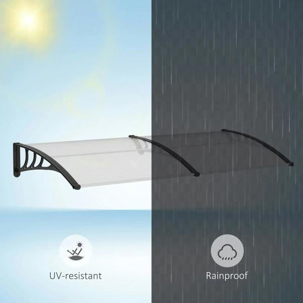 Door canopy awning with black frame designed for UV-resistant, rainproof coverage