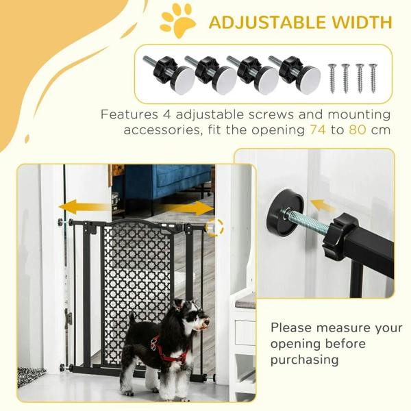 Adjustable black pet gate frame with mounting screws, featuring a lattice panel