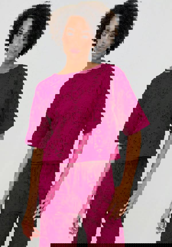 Raffya Opal Broderie Anglaise Split Open Back Blouse In PInk