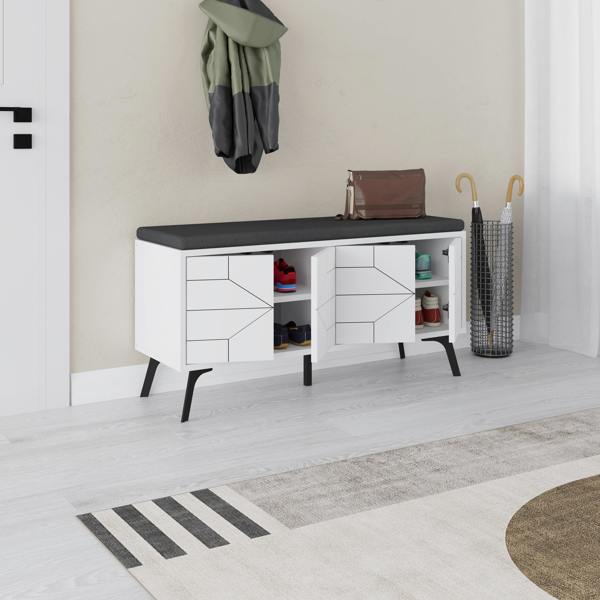 Decortie Modern Dune Shoe Storage Bench with Fabric Seat 4 Doors Cabinet 107(W)cm Metal Legs Organizer Hallway