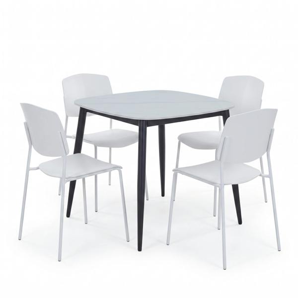 Core Products Aspen Dining Set - White Sintered Stone Square Table & 4 Academy Dining Chairs