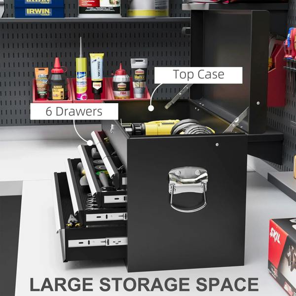 Black tool storage chest with open drawers and top case compartment, showing side carry handle