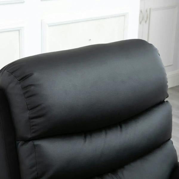 Black PU leather reclining chair back cushion and headrest close-up