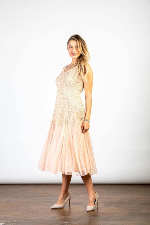 LuvForever Peach  Sequin Embellished V- Neck  Midi Dress