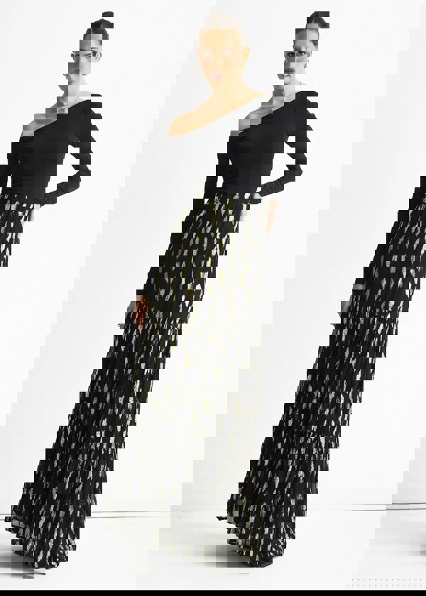 Gini London Black Clipped Jacquard Tiered Maxi Skirt