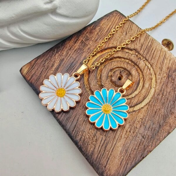 The Colourful Aura Colourful Blue Sunflower  Indie Boho Daisy Floral Charms Choker Summer Necklace