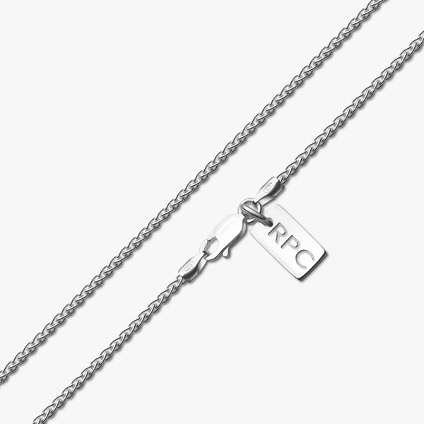 close up detail of 1.9mm sterling silver spiga wheat chain with rahul patel collection tag