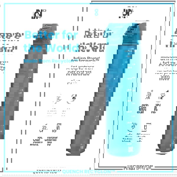 A blue water bottle sits against a white background; it is made from a plant-based polymer, and features volume markings. Better for the World. Made from Recyclon™. A food grade carbon neutral plant based polymer. Carbon Neutral. BPA Free. Odour Resistant. Dishwasher Safe. Quench Recyclon™.