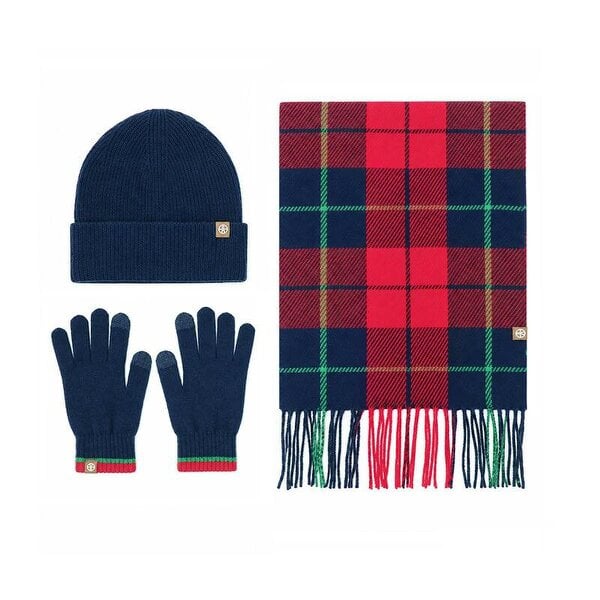 Obasyhig Christmas Check Knitted Hat Scarf and Gloves 3 Piece Set - Navy Blue