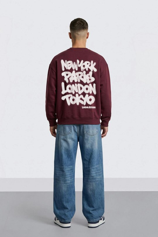 London Attitude Oversized Heavyweight City Graffiti Sweatshirt - Burgundy