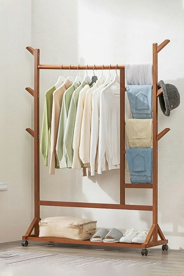 Living and Home Bamboo Clothes Rack Coat Garment Holder with Bottom Shelf Shoe Clothing Organizer