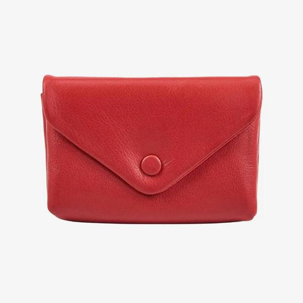 Red leather envelope coin purse for women with press stud flap