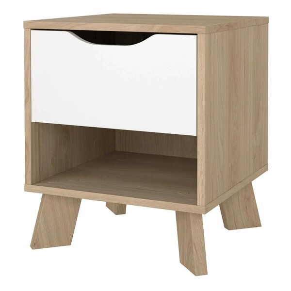 Wyld Haus Hobro White and Natural Oak Wood Nightstand 1 Drawer