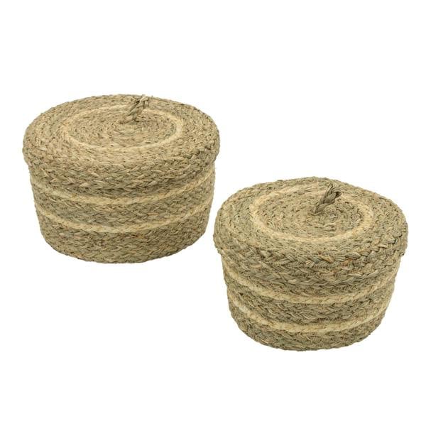 JVL Palma Natural Round Lidded Woven Storage Baskets for Home Organisation, Set of 2, Brown