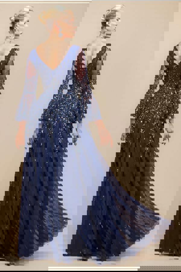 Sunray Hand Embellished Sequin A-Line Bell Sleeve Maxi Dress - Navy Blue DR4654