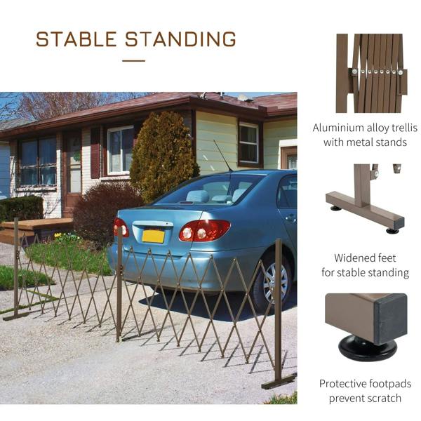 Dark brown freestanding aluminium trellis fence panel with metal stand feet and lattice frame