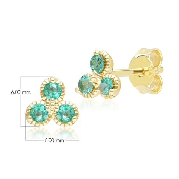 Gemondo Floral Emerald Three Stone Stud Earrings in 9ct Yellow Gold