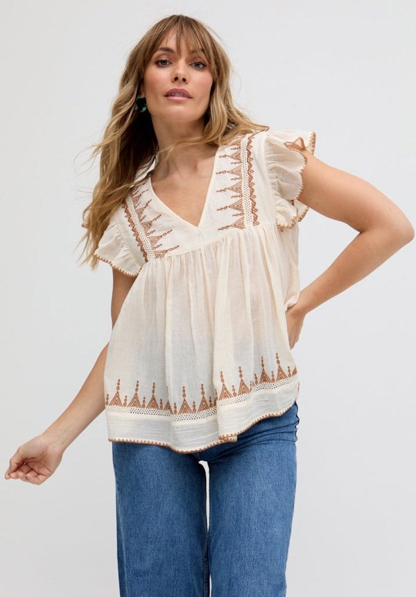 Mariana Flutter Sleeve Embroidered Blouse In Cream