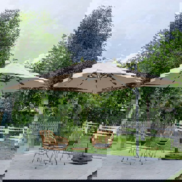 Light Grey 3 x 3 m Square Cantilever Parasol Outdoor Hanging Umbrella for Garden and Patio Parasols Living and Home Khaki Parasol + Cross Base + Round Water Tank