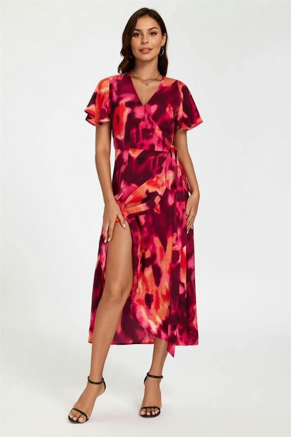 FS Collection Abstract Print Wrap Maxi Dress In Burgundy