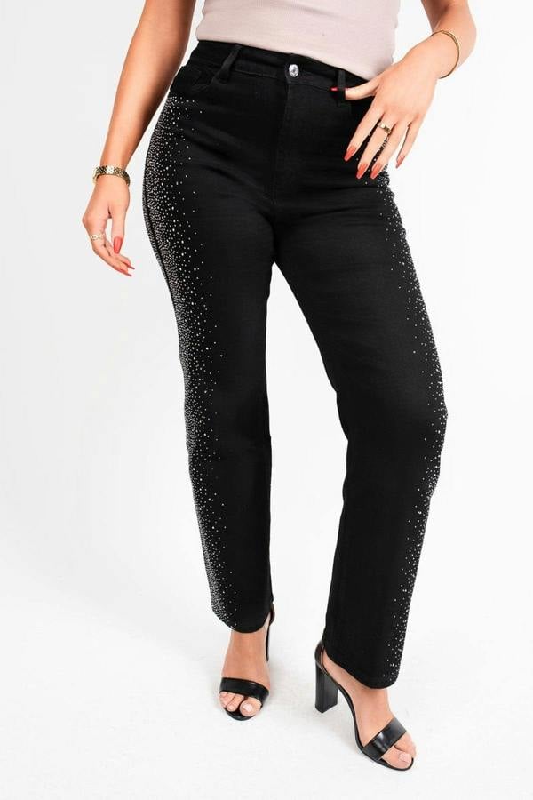 Elyndra High Waisted Sparkle Straight Leg Jeans - Grey