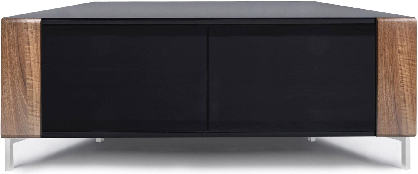 MDA Designs CORVUS Corner-Friendly Gloss Black Contemporary Cabinet with Walnut Profiles Black BeamThru Glass Doors for Flat Screen TVs up to 50"