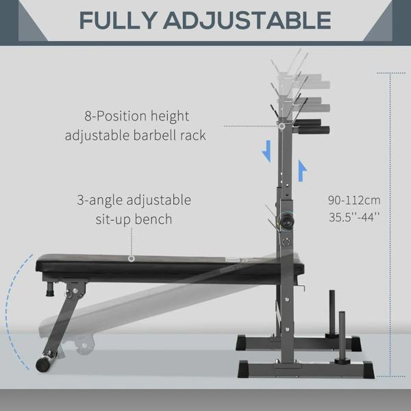 Adjustable height weight bench with black padded seat and barbell rack, grey frame