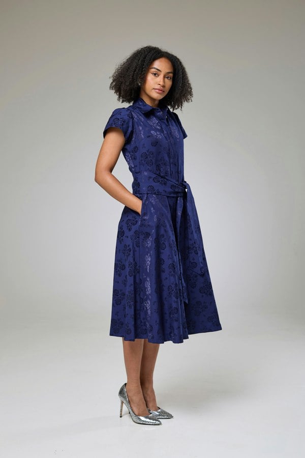 Isha's Timeless collection Royal Blue Petals Short Sleeve Shirt Dress