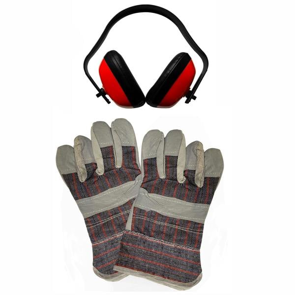 Protective gloves with gray leather palms and red plaid fabric, paired with red and black earmuffs for noise reduction during gardening tasks