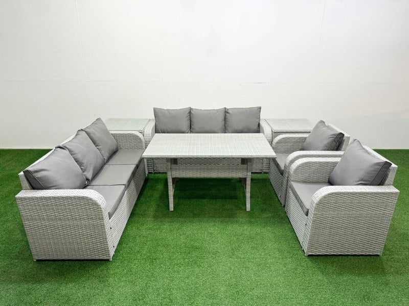 Fimous PE Rattan High Back Lounge Sofa Set Patio Rectangular Dining Table & Chairs Set with 3 Seater Sofa Reclining Chair 2 Side Table Light Grey