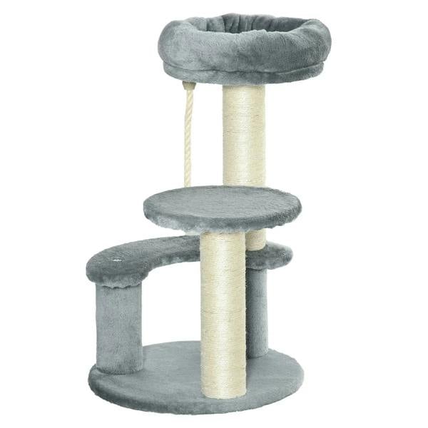 Grey cat tree with plush round top, middle platform, and sisal-wrapped scratching post