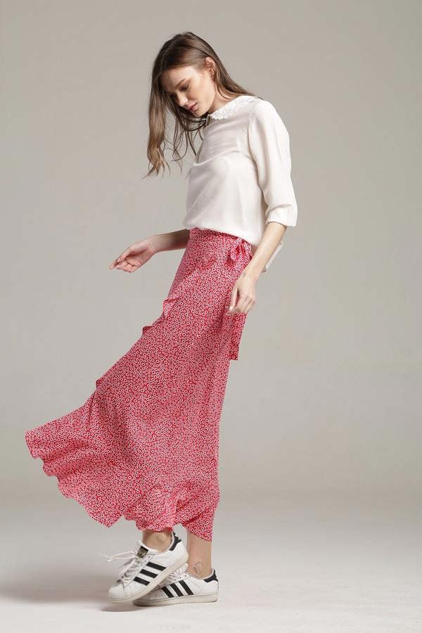 Rumour London Stella ruffled floral-print wrap skirt in red