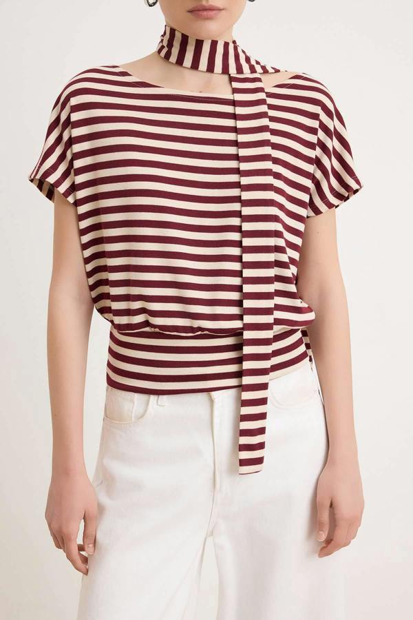 WOVCOR Boat Neck Batwing Sleeve Belted Knit Blouse