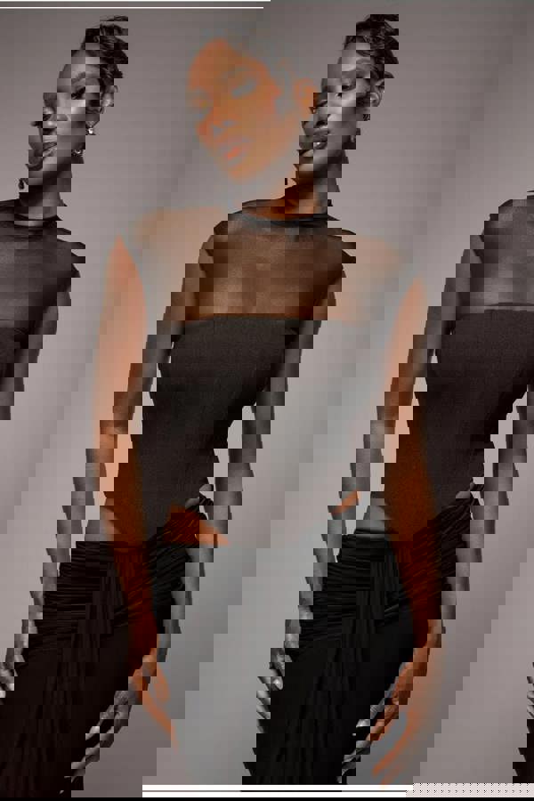 High Neck Open Back Lace Up Scuba Corset Top - Black T226