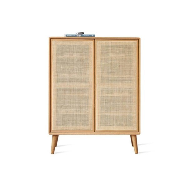 Detail view of Hans Rattan Shoe Storage Cabinet, Oak with cabinets pulls and handles