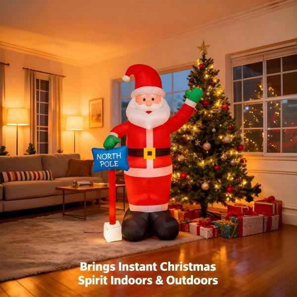 1.8m to 2.4m Inflatable Waving Santa with North Pole Sign, White LED Lights image 7