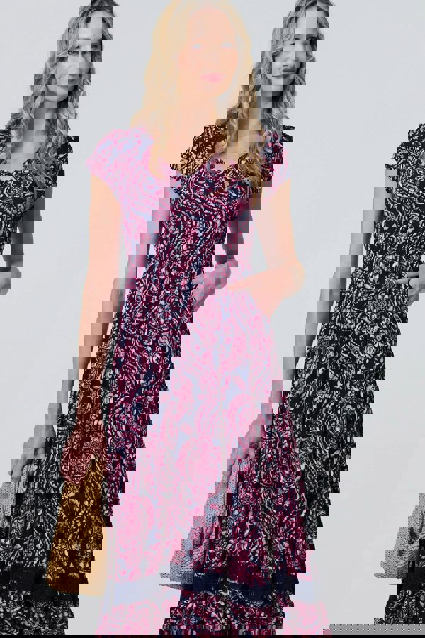 Navy | Paisley Cap Sleeve Lace Trim Maxi Dress
