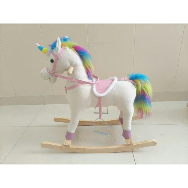 Rocking Horse, Unicorn Ride on Horse with Sounds and Stable Wooden Base for 1-3 Years, Cream White