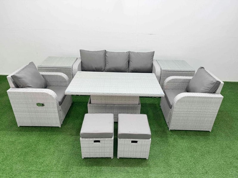 Fimous Light Grey PE Rattan Outdoor Lounge Set - Reclining Chair, Adjustable Lifting Dining/Coffee Table, 2 Side Tables & 2 Small Stools