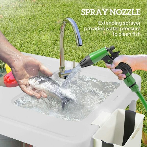 Folding Fish Cleaning Table with Sinks, Portable Camping Sink Table with Faucet, Drainage Hose