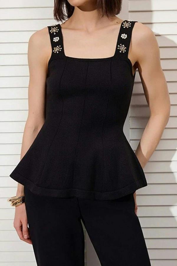 WOVCOR Premium Yarn Square Neck Embellished Peplum Knit Blouse