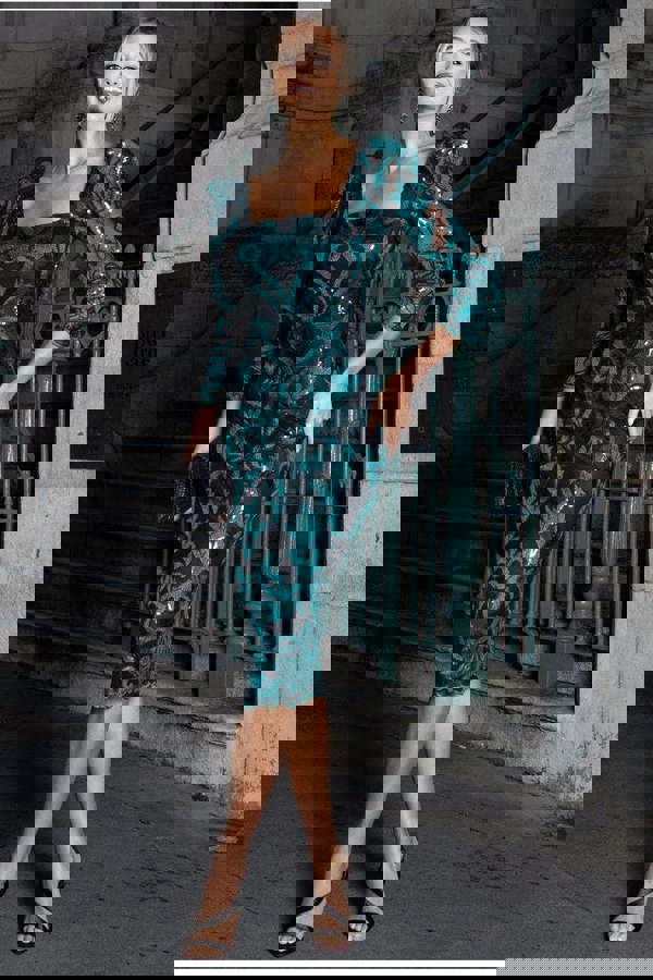 Square Neck Scalloped Embroidered Sequin Midi Dress - Emerald Green DR4124